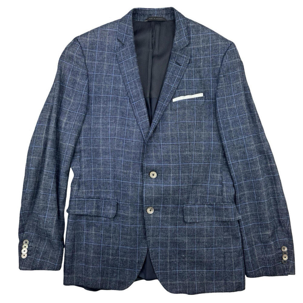 Hugo Boss Hutson3 Linen Wool Blend Sport Coat Windowpane Blue Size US 40 R